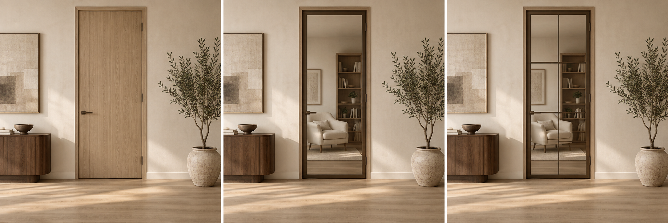 Design concept showing solid wood, clear glass and divided-light doors in a similar interior.